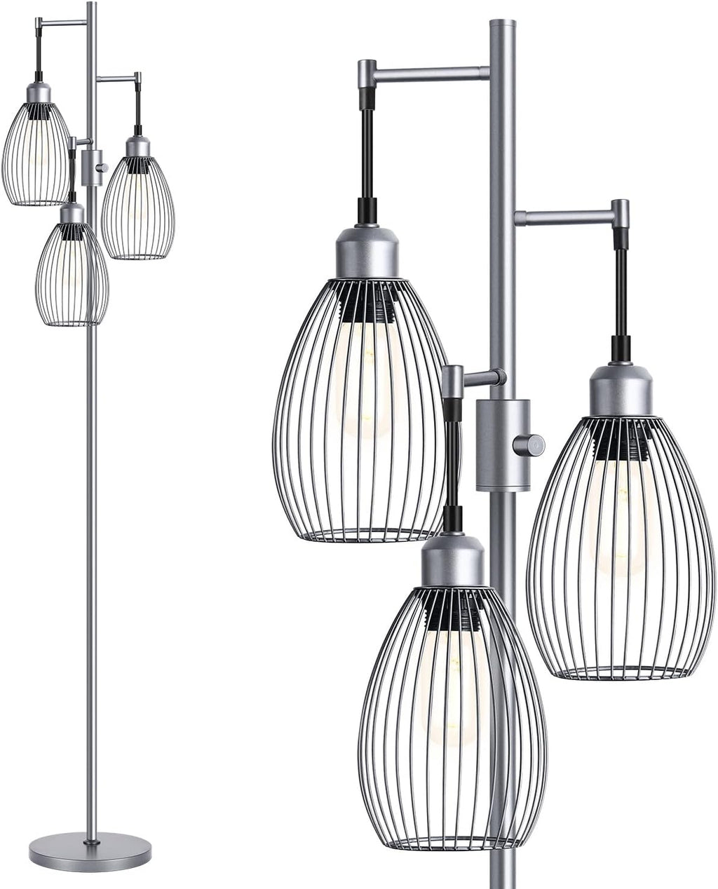 Nintiue Dimmable Floor Lamp, 3 x 800LM LED Edison Bulbs Included, Industrial Floor Lamp Standing Tree Lamp with Elegant Teardrop Cage…