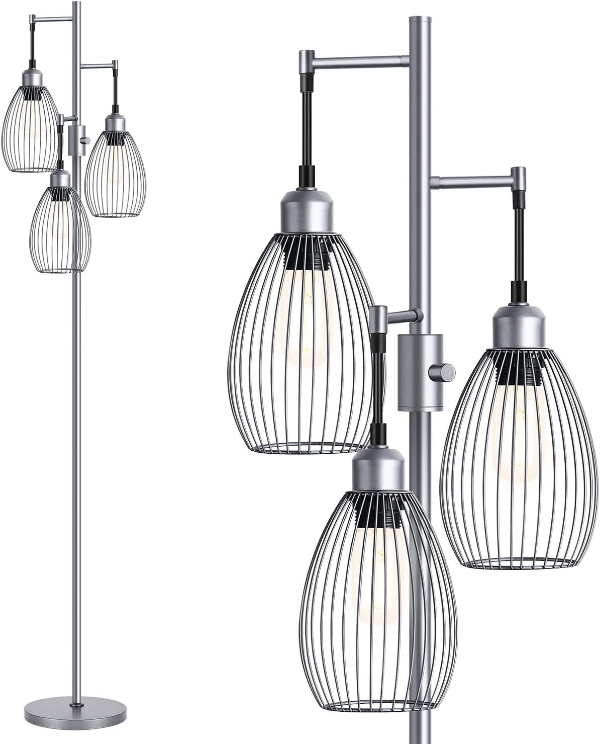 Nintiue Dimmable Floor Lamp, 3 x 800LM LED Edison Bulbs Included, Industrial Floor Lamp Standing Tree Lamp with Elegant Teardrop Cage…