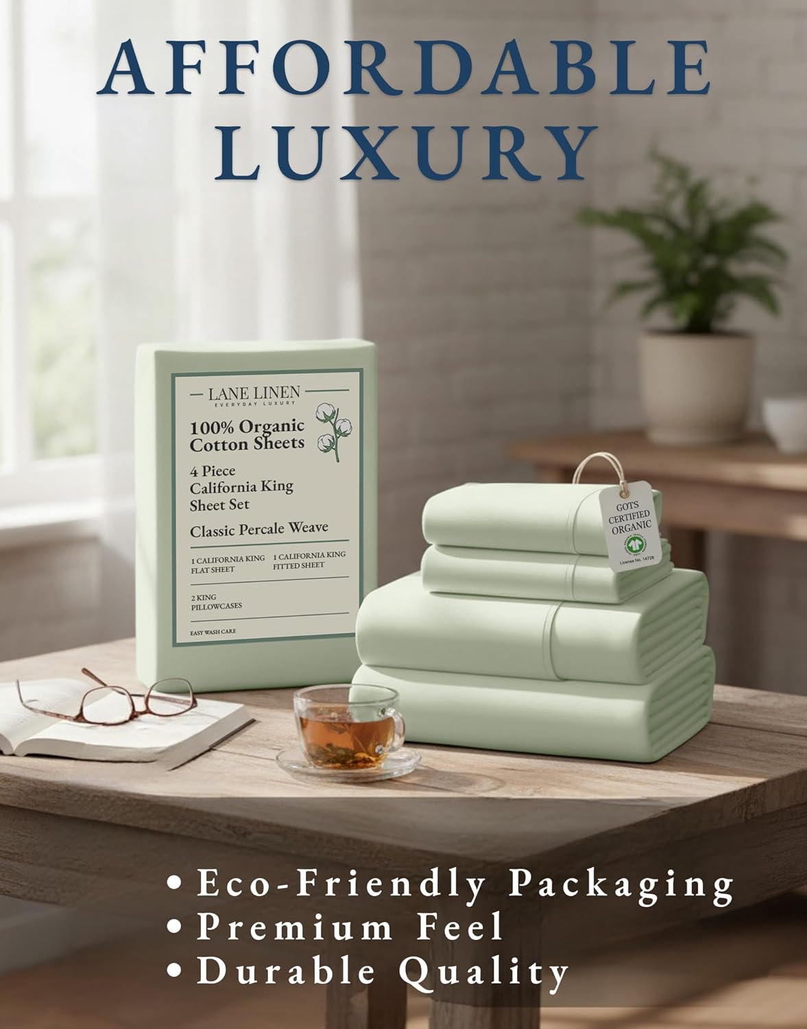 LaneLinen LANE LINEN Bedsheets California King Size Bed - 4Pc 100% Organic Cotton Cal King Bed Sheet Set, Soft Cooling Sheets, 15" Deep Poc…