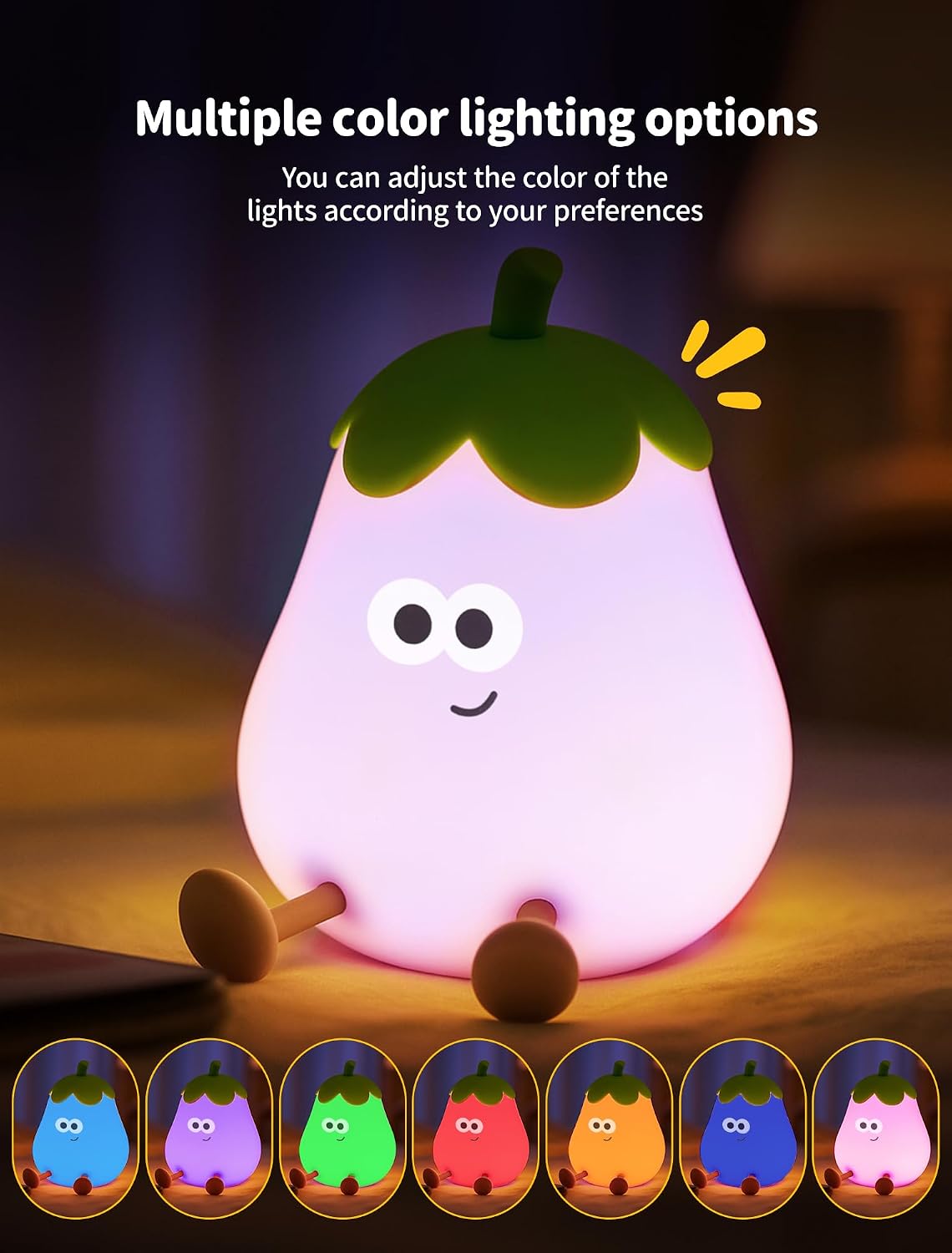 Eggplant Night Light for Kids, Cute Squishy Silicone Lamp, Rechargeable LED Nightlight, 3-Level Dimmable Bedside Lamp for Bedroom Kids…