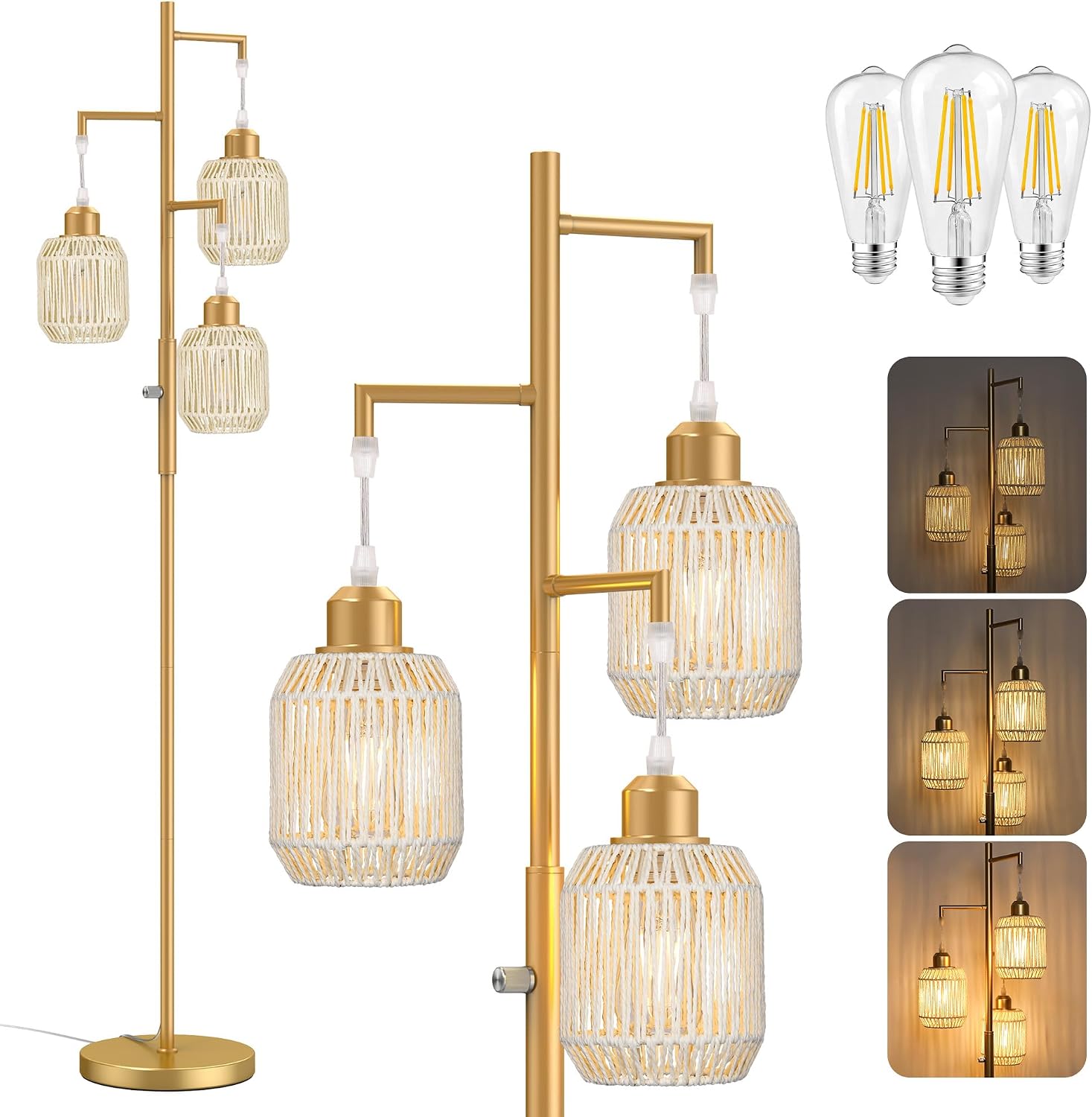 ROTTOGOON Dimmable Boho Floor Lamp - 3 Light Farmhouse Rattan Floor Lamp for Living Room, Industrial Tree Floor Lamps with 3 X 6W LED…
