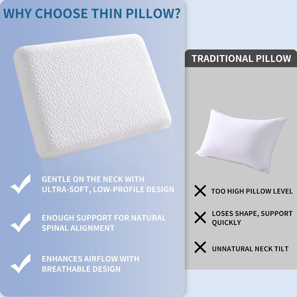 bigpawl Ultra Thin, Flat Pillow for Sleeping 2.25 Inch Height, Thin Memory Foam Pillow for Stomach Sleeper, Bed Pillow for Side…