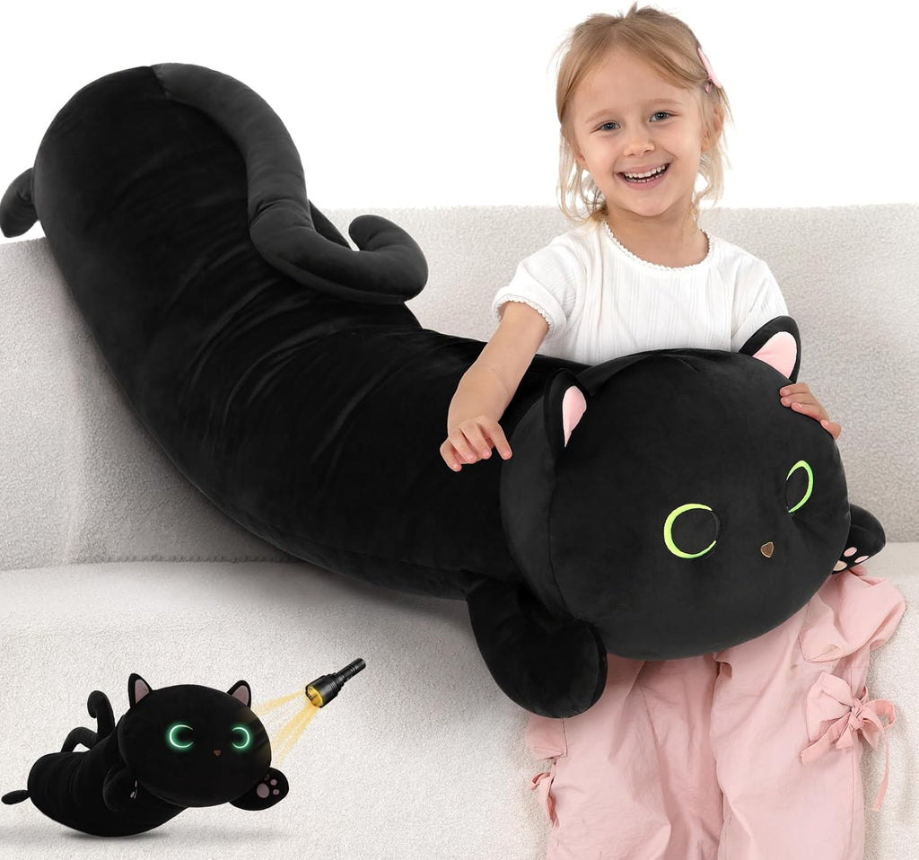 MaoGoLan Black Cat Plush Body Pillow, 44'' Giant Glow in The Dark Cat Stuffed Animal Toy for Girl Boy Kid, Big Cute Kitten Plush Throw…