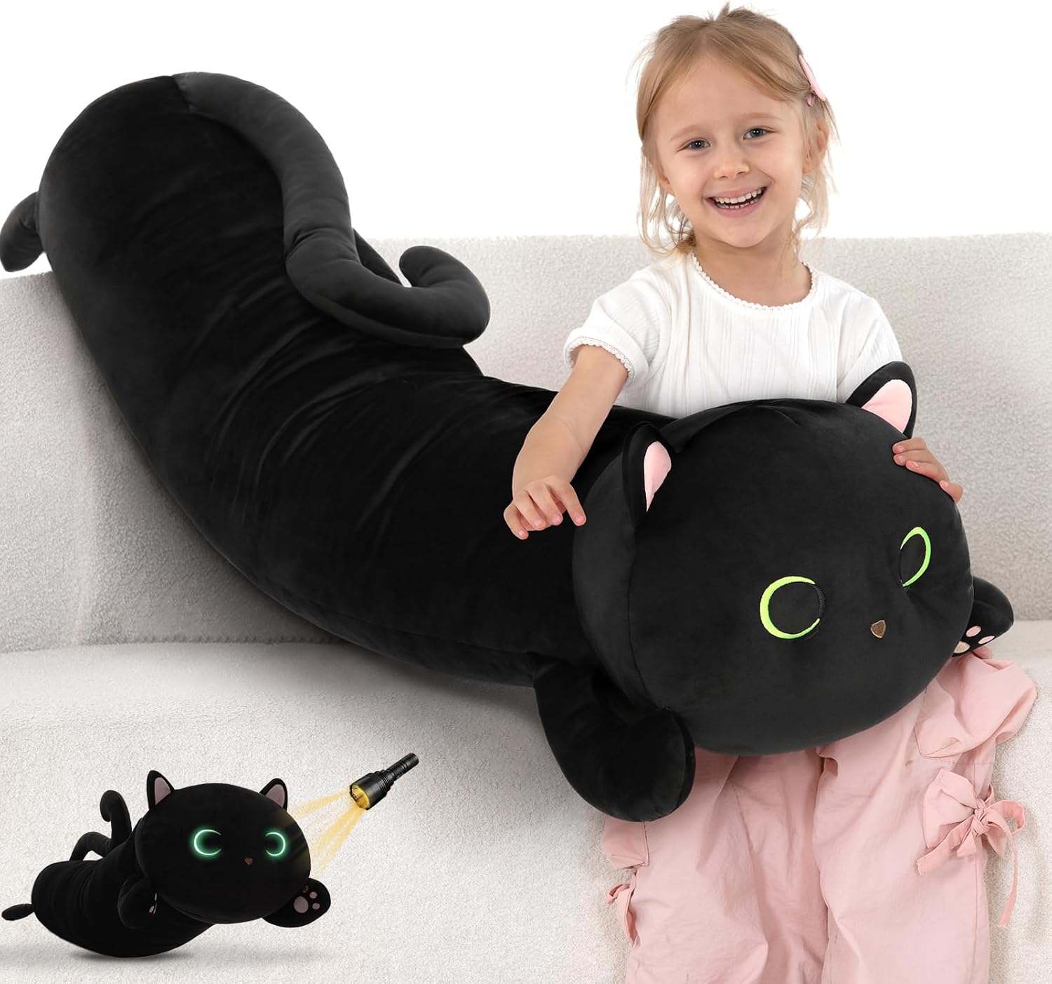MaoGoLan Black Cat Plush Body Pillow, 44'' Giant Glow in The Dark Cat Stuffed Animal Toy for Girl Boy Kid, Big Cute Kitten Plush Throw…