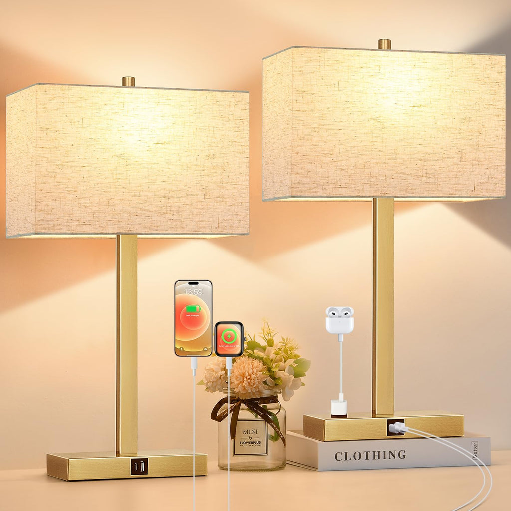 Lynnoland 21" Set of 2 Table lamp with USB A+C & AC Outlets, Touch Control 3-Way Dimmable Nightstand Lamps for Living Room Bedroom Office…