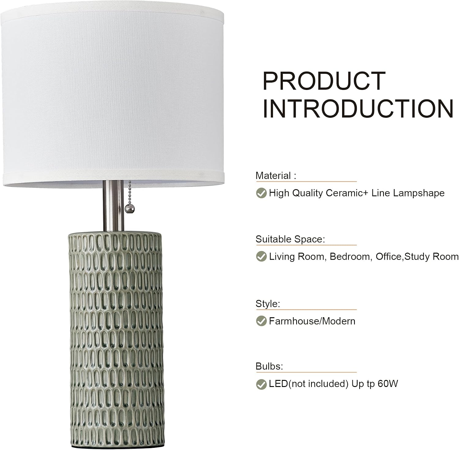 Reaketon Table Lamps for Living Room Set of 2, Ceramic Table Lamps for Bedroom, 20" Modern Lamps for Night Stands, Green