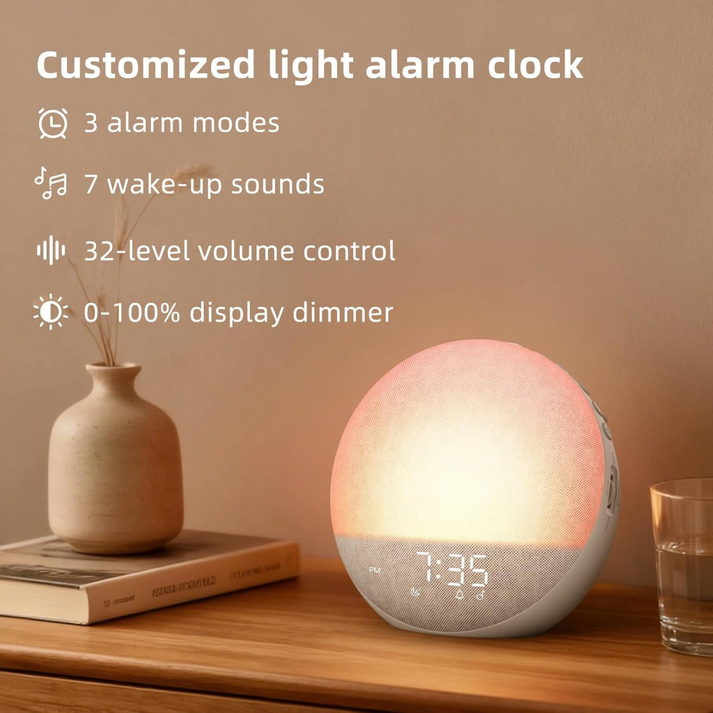 Sunrise Alarm Clock White Noise Machine: Natural Wake Up Light - Dimmable Clock with Bluetooth Speaker for Bedroom - 25 Sleep Sounds for…