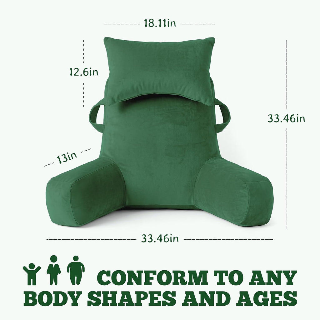 Unisakey Portable Reading Pillows with Headrest for Bed Sitting Up(Green Oeko-Tex), Velvet Back Pillow with Arms & Pockets for Adults…