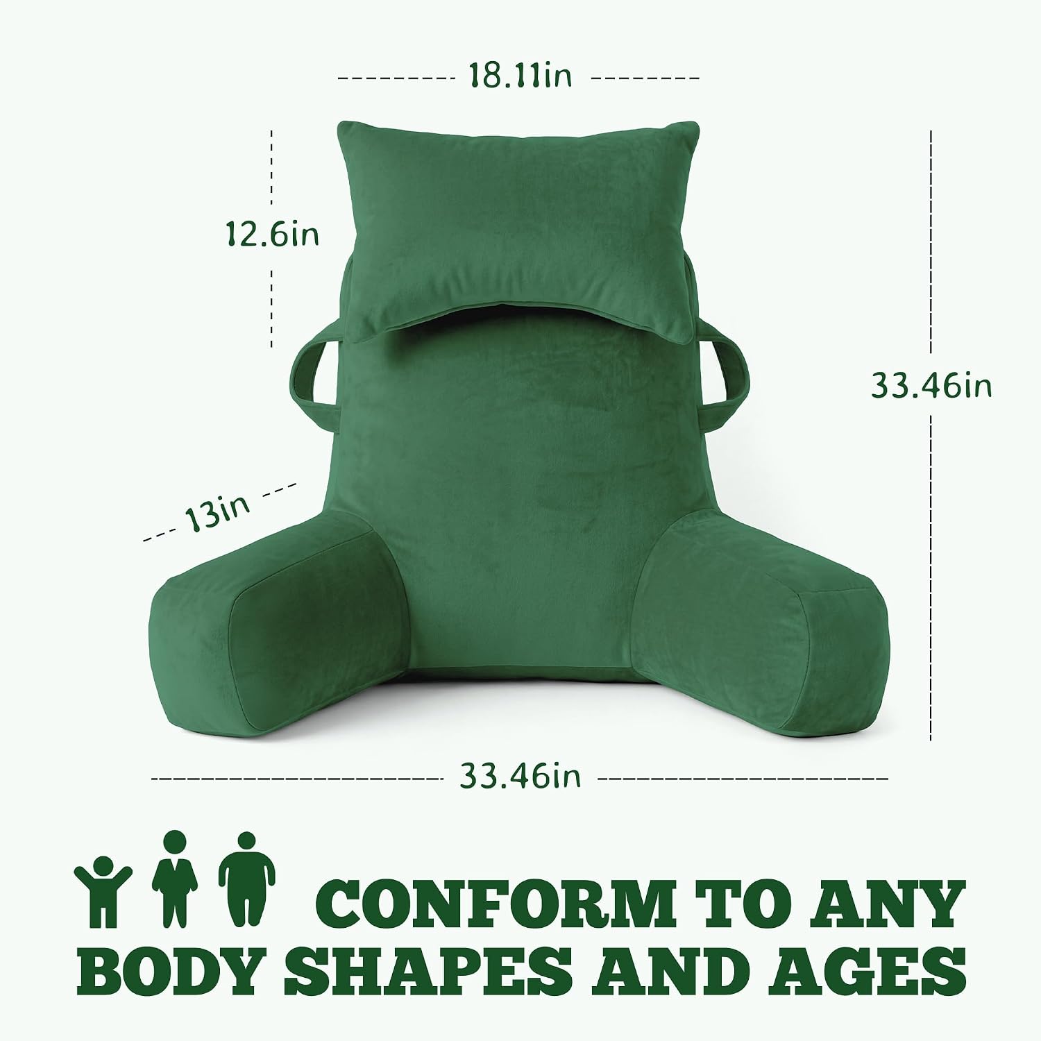 Unisakey Portable Reading Pillows with Headrest for Bed Sitting Up(Green Oeko-Tex), Velvet Back Pillow with Arms & Pockets for Adults…