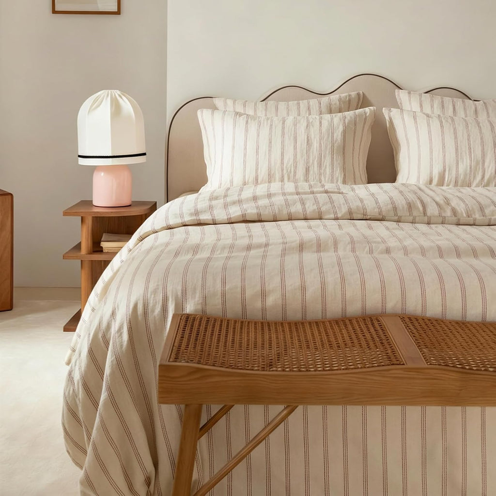 mixinni Striped Duvet Cover Set King Size, 3 Piece Cotton Linen Blend Bedding Set, Vintage Stripe Comforter Cover with Pillowcases, Soft Br…