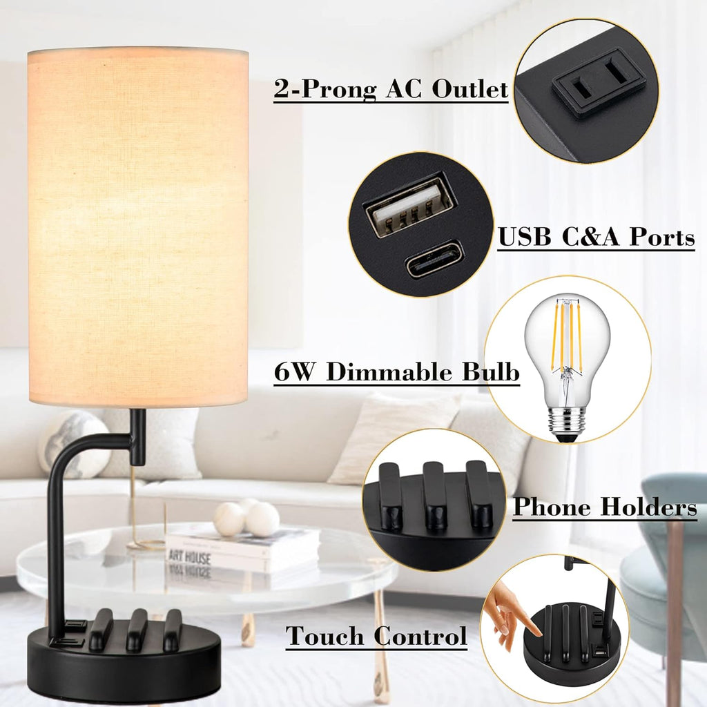 Dreamholder Touch Control USB Table Lamp, Upgraded 3-Way Dimmable Bedside Desk Lamp with USB C & A Charging Ports and AC Outlet…