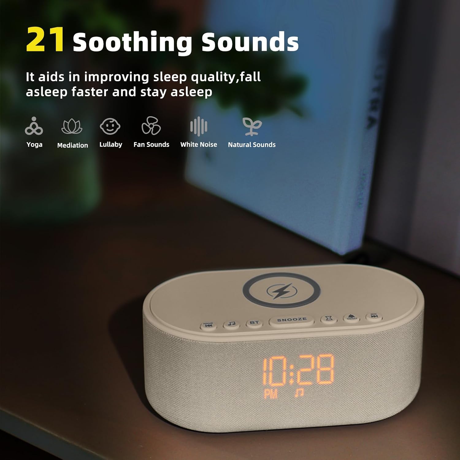Odokee Sound Machine Alarm Clock for Bedrooms: Bluetooth 10W Stereo Sound Speaker with Wireless Charging - White Noise Machine for Sleeping…