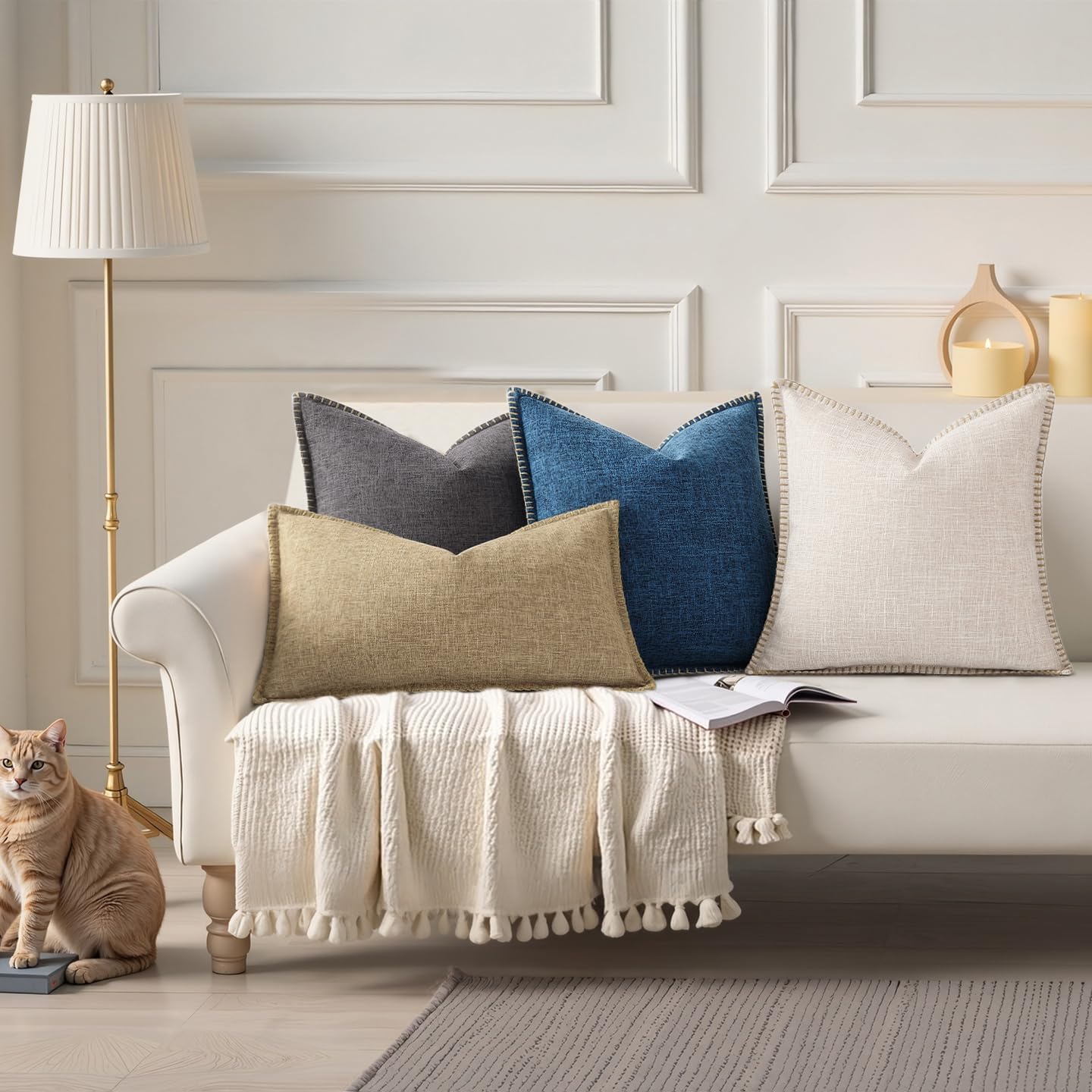 decorUhome Summer Decorative Throw Pillow Covers 18x18 Set of 2 Square Faux Linen Farmhouse Pillow Covers with Stitched Edge Outdoor…