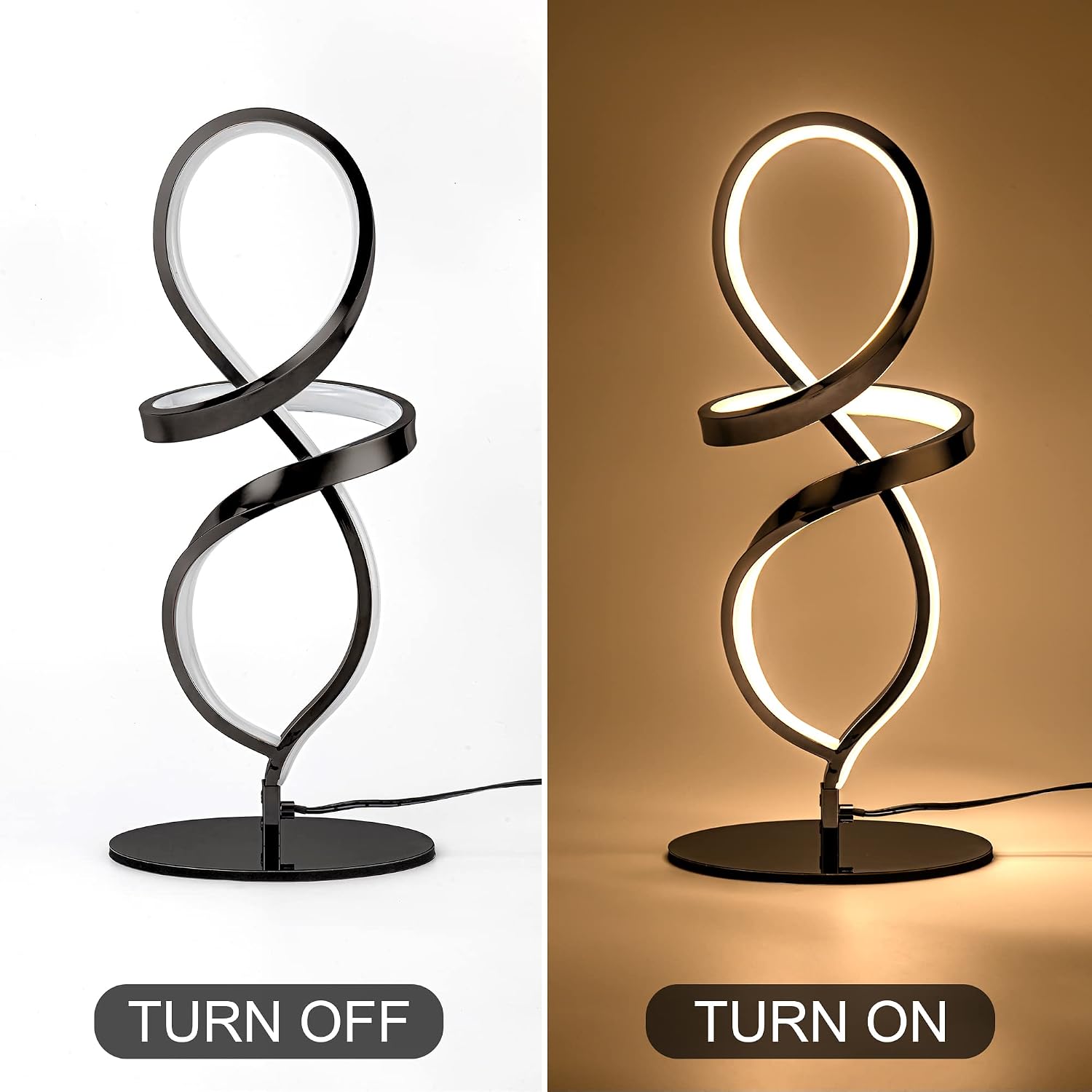Mayful Modern Table Lamp with LED Unique Spiral Design, Small Nightstand Lamp with Stepless Dimming Switch, Black Bedside Lamps for…