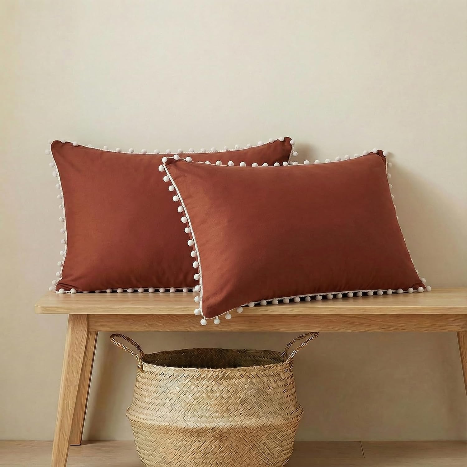 Moveover Brick Red Pom Poms Pillow Cases, Boho Pillowcases Set of 2, 100% Soft Washed Microfiber, Rust Pillow Shams King, 2 Pack 2 Pack Red