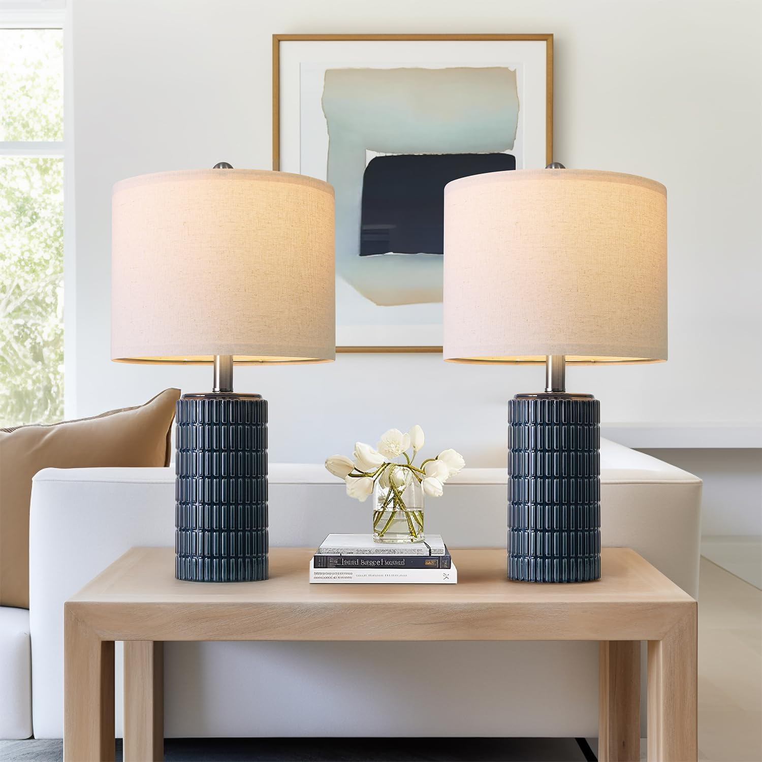 PoKat 20.75" Small Blue Table Lamps, Farmhouse Bedside Lamps for Bedroom Set of 2, Ceramic End Table Lamps for Night Stands Living Room…
