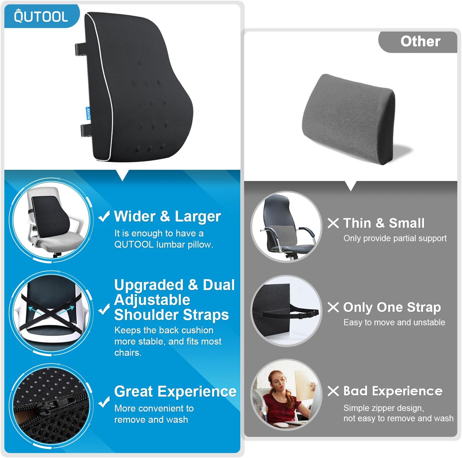 Qutool Lumbar Support Pillow for Office Chair, Office Home Essentials, Gifts for Mom, Dad, Back Support Pillow for Car, Chair Cushions, Back I…