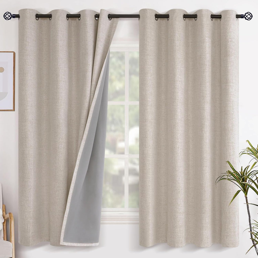 YoungsTex Oatmeal Linen Blackout Curtains for Bedroom 63 Inch Length, Room Darkening Window Drapes Heat Blocking for Living Room Thermal In…