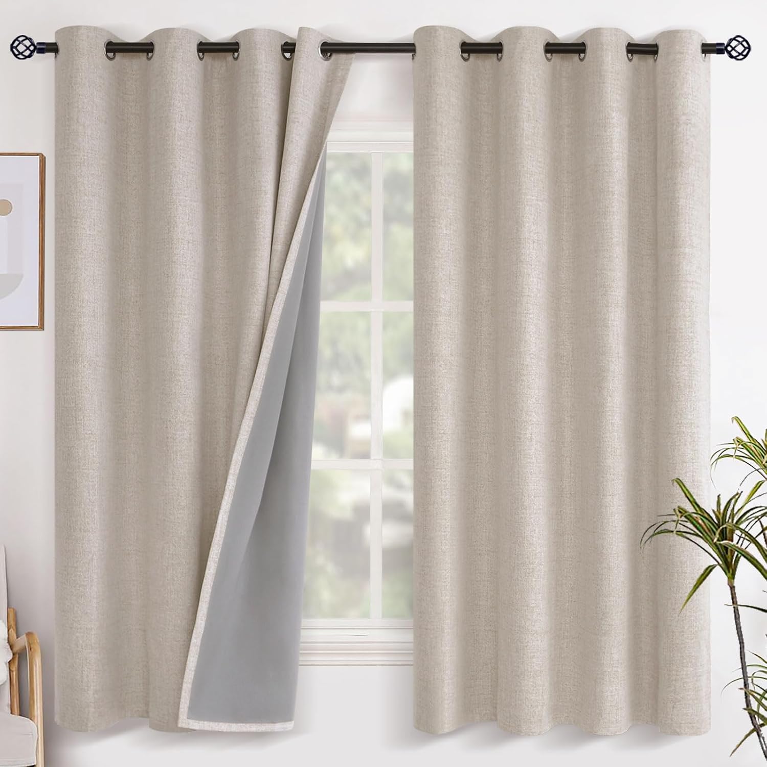 YoungsTex Oatmeal Linen Blackout Curtains for Bedroom 63 Inch Length, Room Darkening Window Drapes Heat Blocking for Living Room Thermal In…