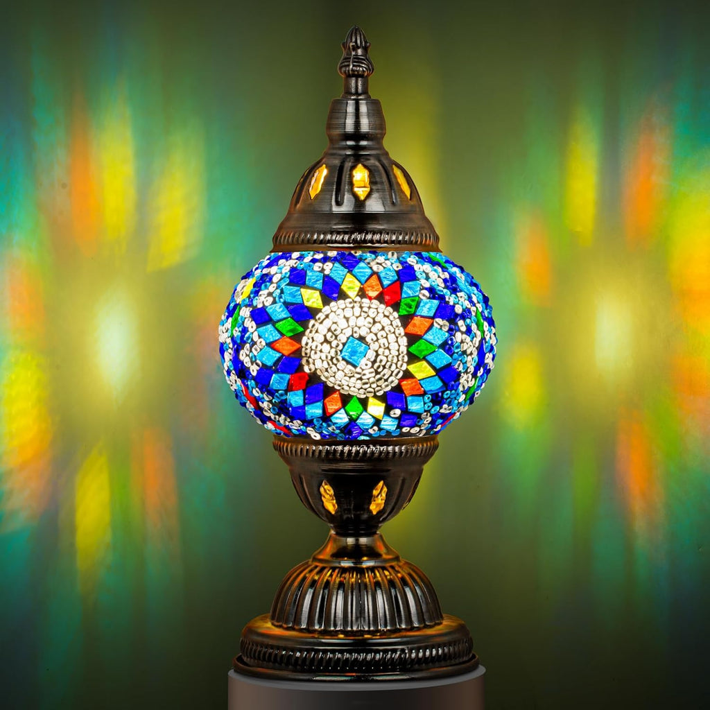 Marrakech Turkish Table Lamp with Bronze Base, Handmade Blue Moroccan Tiffany Style Mosaic Glass Night Stand Light Fixture Including LED…