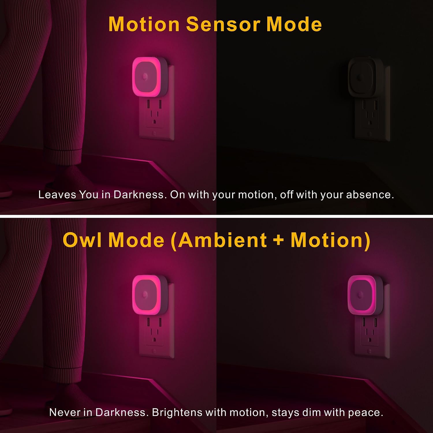 YUNLEX 2 Pack Plug in Night Light with Motion Sensor & Dusk to Dawn Sensor, Soft Pink Glow for Bedroom, Hallway, Girls Room, 3 Sensor…
