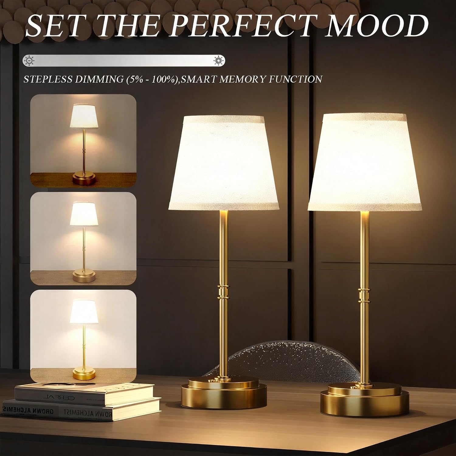 Rechargeable Cordless Table Lamp Gold - 1 Pack Brass 7500mAh Battery Operated Lamp, Small Antique Brass Aesthetic Desk Lamp for Kitchen…