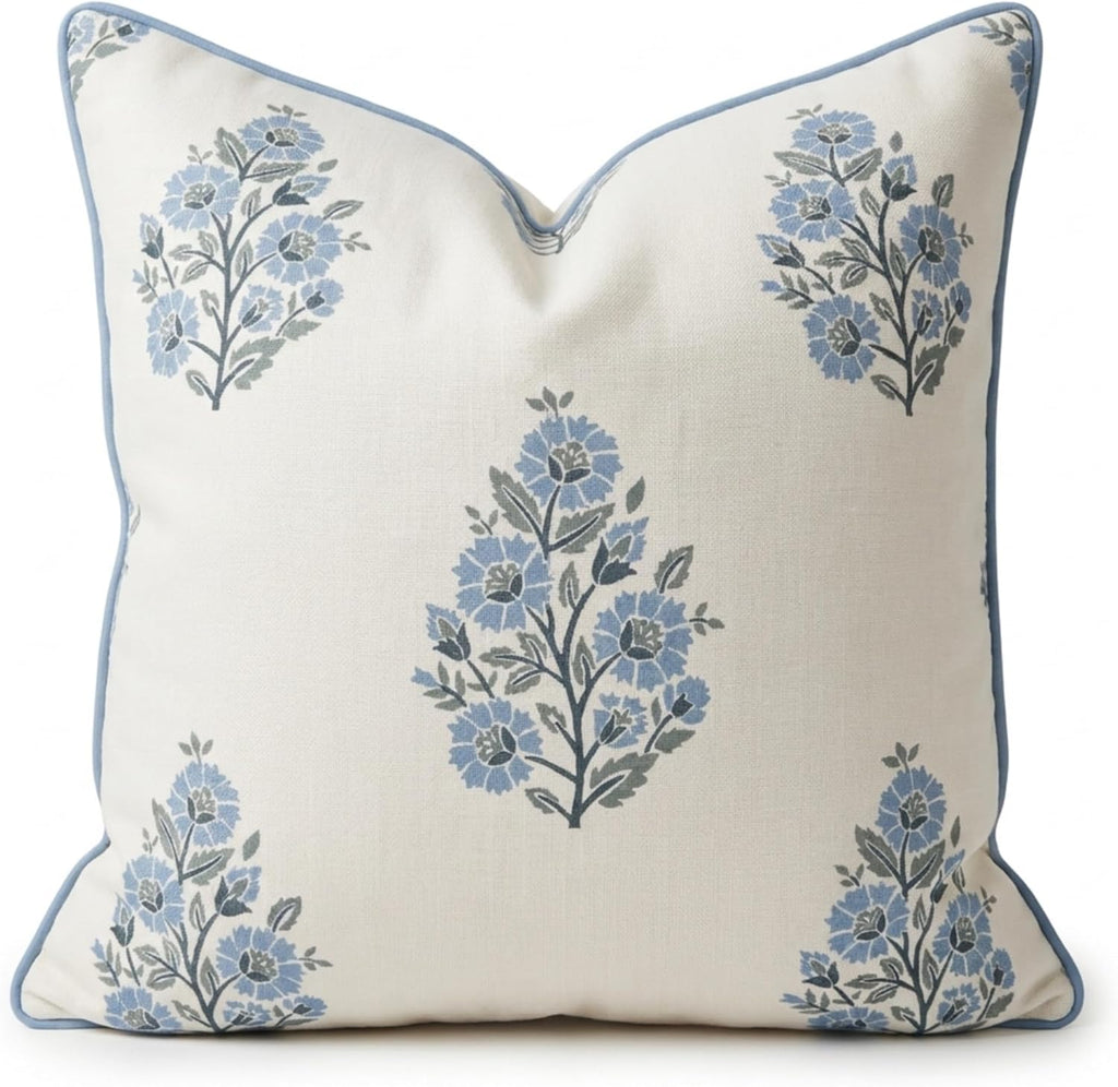 Jillien Harbor “The Camille” Decorative Pillow Cover – Blue & Whitel Floral Block Print Pillow Cover – Grandmillennial Home Decor, 24" x 24"