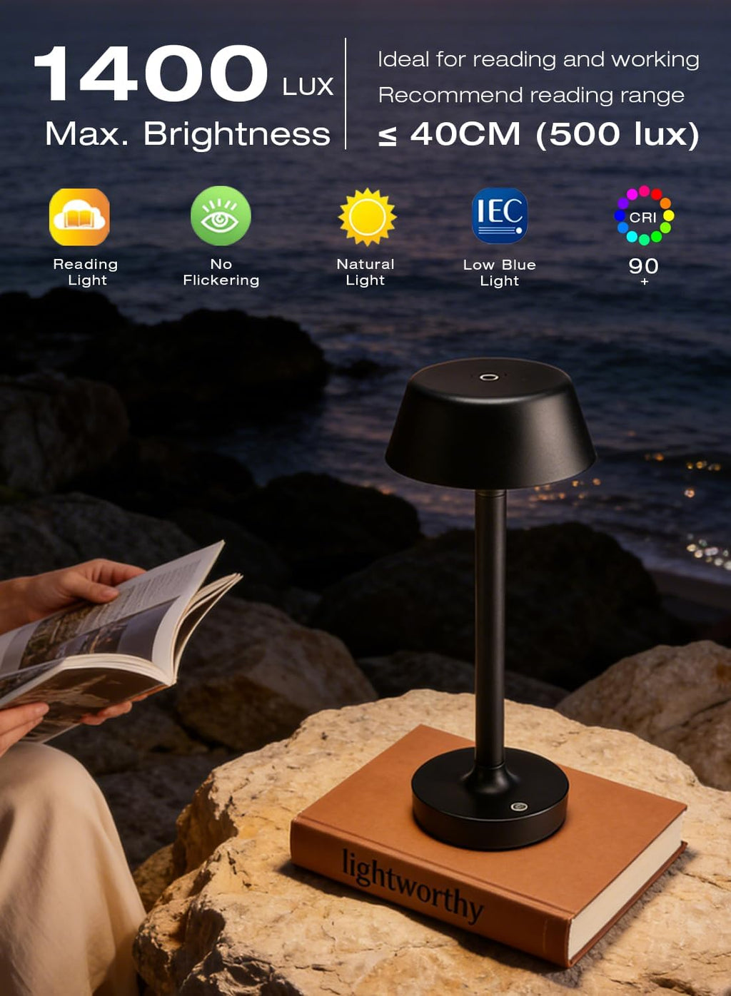 Cordless Rechargeable Table Lamp with Power Charger, Portable LED Desk Lamp,5000mAh Battery Operated,2700K-5700K Tunable, Stepless Dimming…