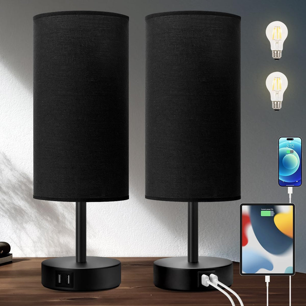Yarra-Decor Bedside Lamps with USB Port - Touch Control Table Lamp for Bedroom 3 Way Dimmable Nightstand Lamp Set of 2 with Round Black…