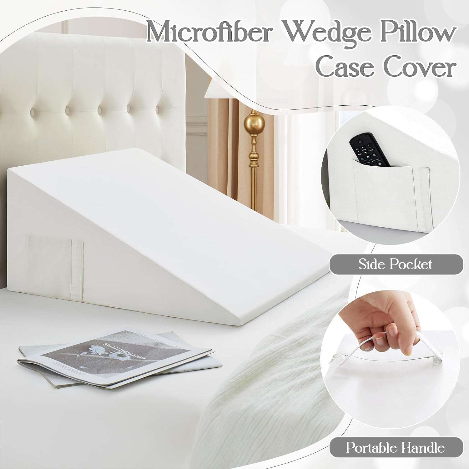 Cotton Wedge Pillow Cover for 24" x 24" x 7.5" Wedge Bed Pillow, Zippered Wedge Pillow Case Protector with Side Pocket, White (Pillow Not…