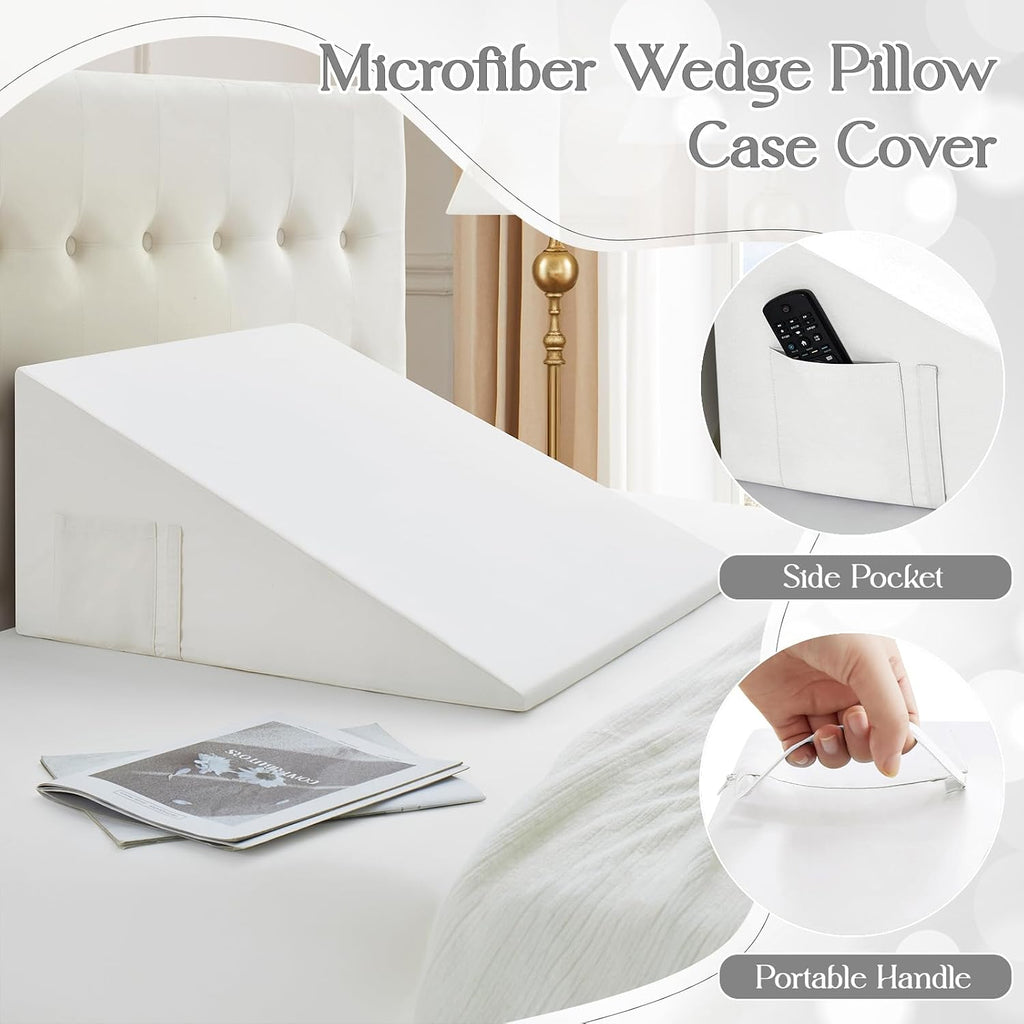 Cotton Wedge Pillow Cover for 24" x 24" x 12" Wedge Bed Pillow, Zippered Wedge Pillow Case Protector with Side Pocket, White (Pillow Not…