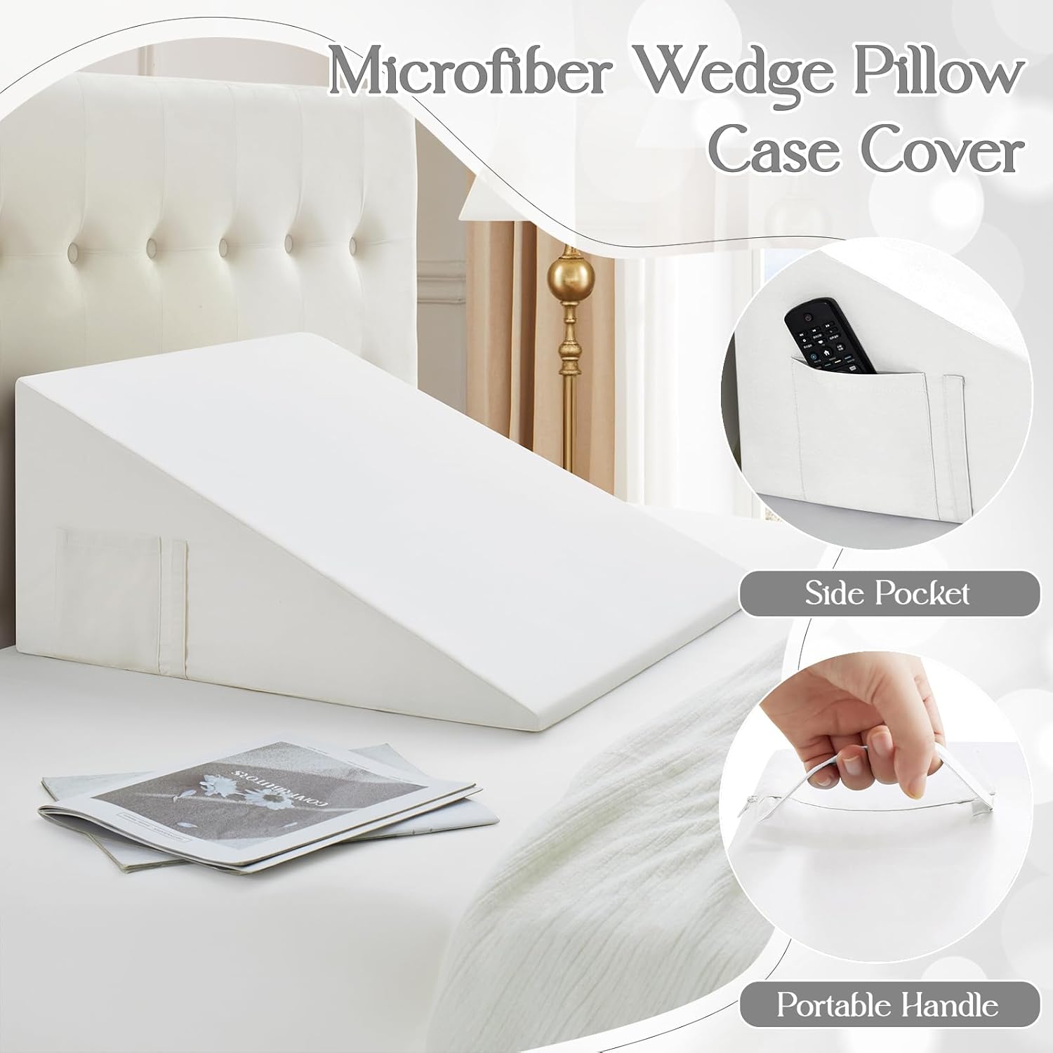 Cotton Wedge Pillow Cover for 24" x 24" x 10" Wedge Bed Pillow, Zippered Wedge Pillow Case Protector with Side Pocket, White (Pillow Not…