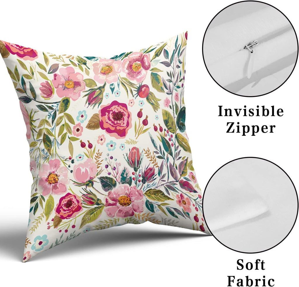 Spring Summer Flower Throw Pillow Covers 20X20 Inch Watercolor Peony Pillowcase Hot Pink Floral with Green Leaves Girly Decorative Square…