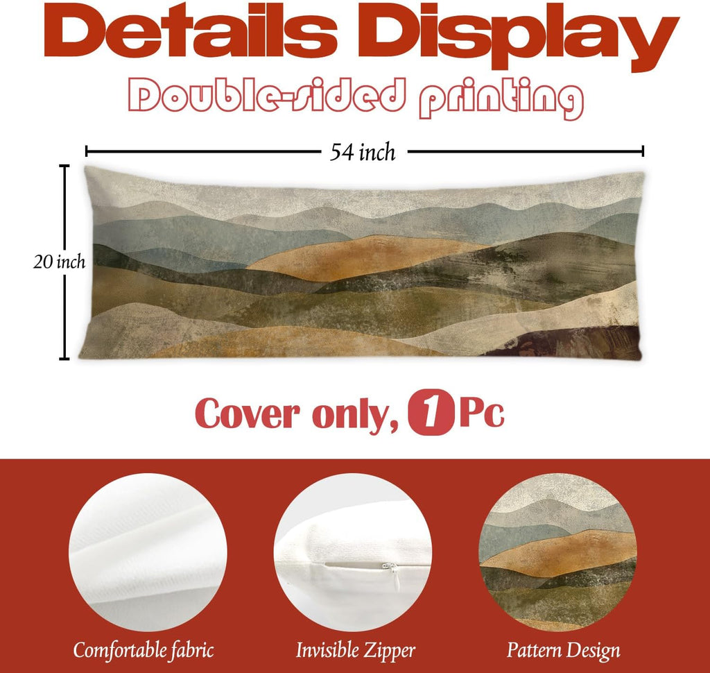 Retro Boho Mountain Landscape 20x54 Body Pillow Cover, Boho Home Decor, Modern Neutral Nature Scenery Decorative Long Body Pillow Cases…