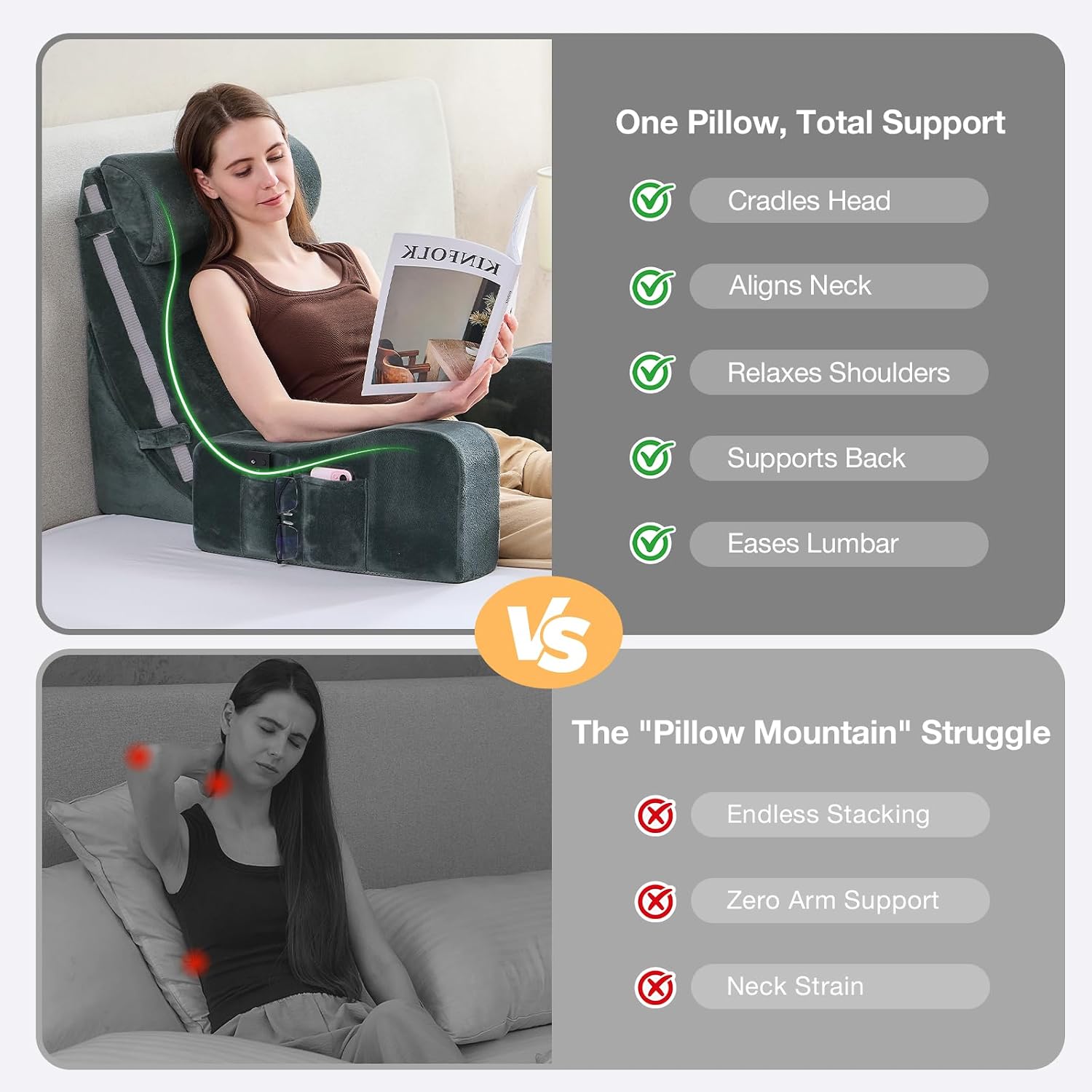 Sasttie Reading Pillow with Armrests, 15–25 Inch Adjustable Back Support Pillow for Bed Sitting Up, Memory Foam Back Rest Cushion Bed Chair…