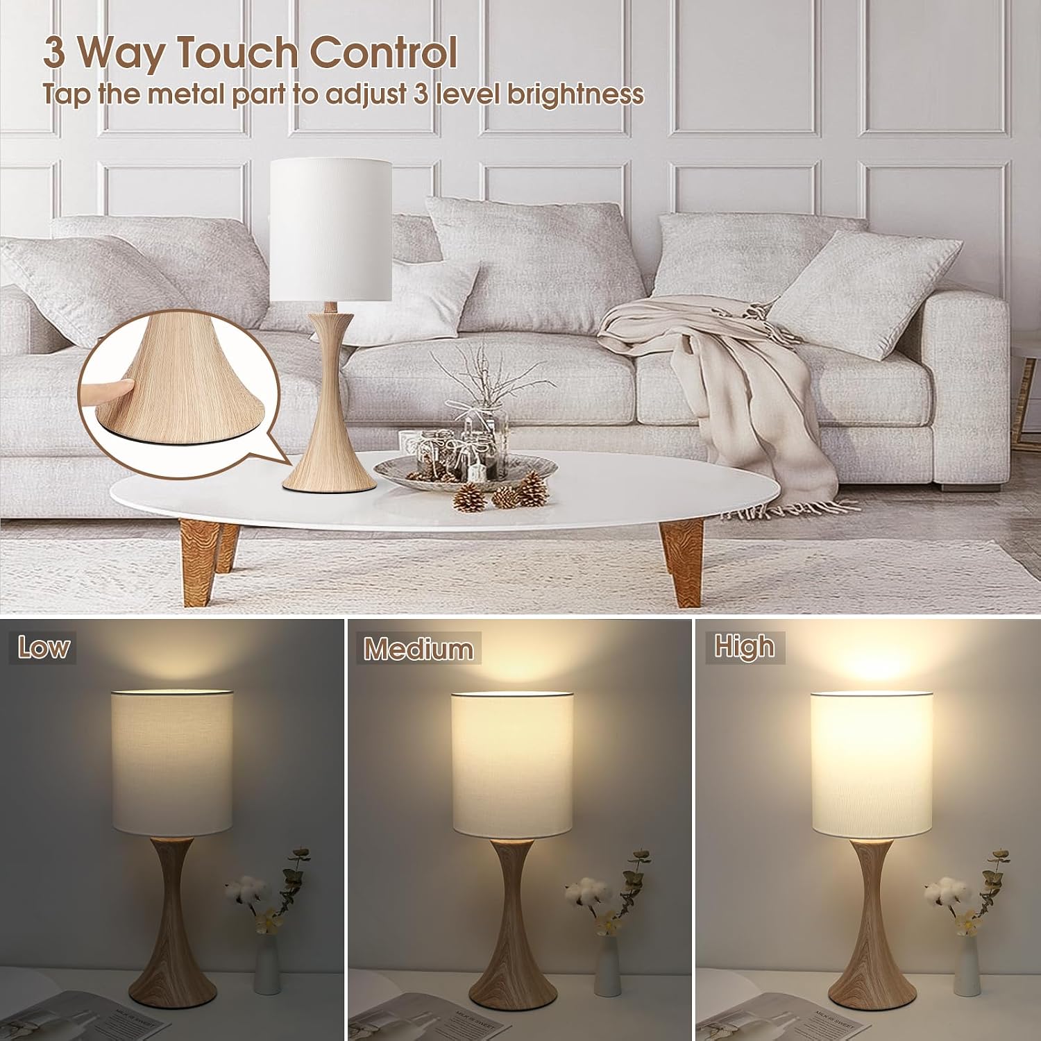 Bedside Touch Lamp, 3 Way Dimmable Touch Control Table Lamp, Wood Grain Farmhouse Table Lamp, Modern Nightstand Lamp with White Shade for…