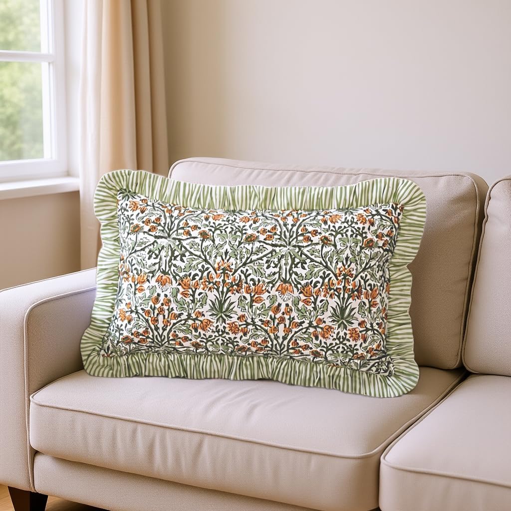 Ridhi Block Print Goldenrod Yellow 20"x12" Set 1-100% Cotton Ruffle Lumbar Sham Cover Boho Floral Pillowcase, Farmhouse Cottagecore…