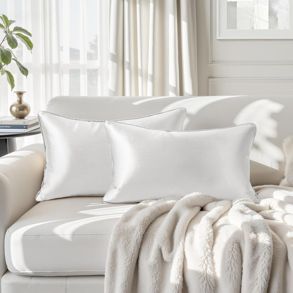 Homeideas White Decorative Throw Pillow Covers 20x12 Set of 2, Glossy Faux Silk Lumbar Pillow Covers for Couch Sofa Bed Decor Luxury Summer…