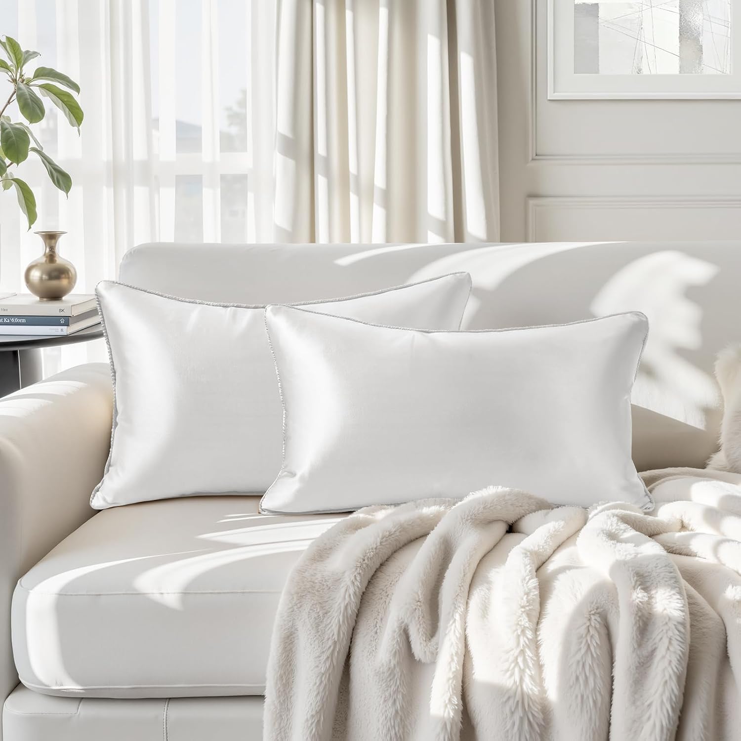 Homeideas White Decorative Throw Pillow Covers 20x12 Set of 2, Glossy Faux Silk Lumbar Pillow Covers for Couch Sofa Bed Decor Luxury Summer…