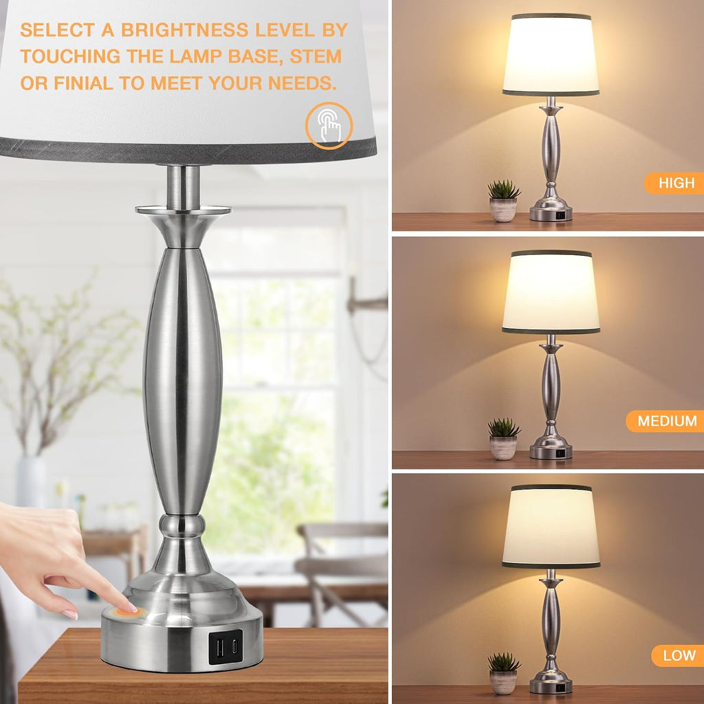 Seealle Touch Bedside Lamps for Nightstand Set of 2 - Bedroom Lamps with USB C+A, 3 Way Dimmable Nightstand Lamps, Brushed Nickel Table…