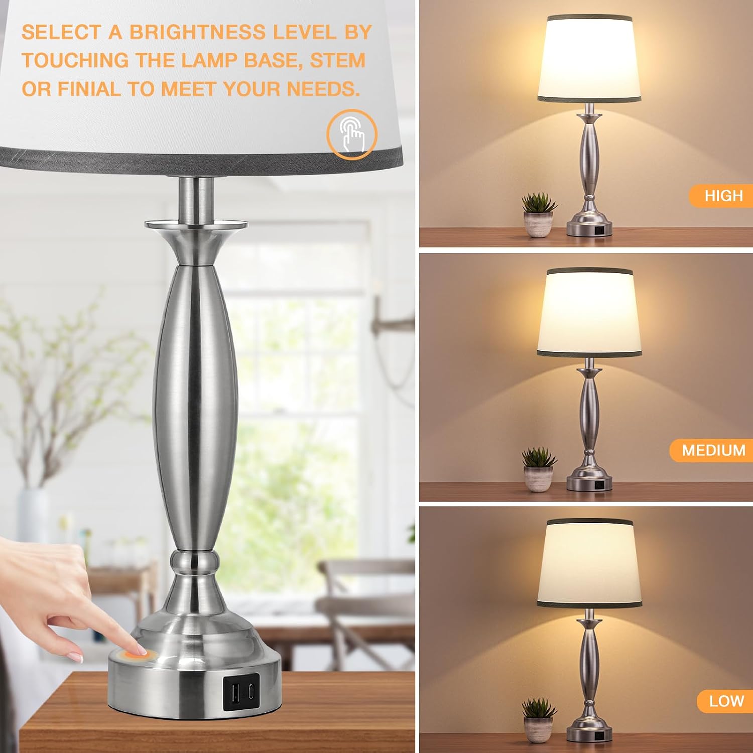 Seealle Touch Bedside Lamps for Nightstand Set of 2 - Bedroom Lamps with USB C+A, 3 Way Dimmable Nightstand Lamps, Brushed Nickel Table…