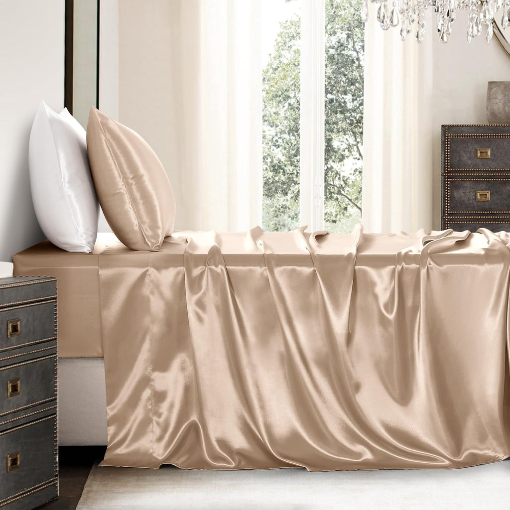 Golal Satin Sheets Twin Size - 3 Pieces Luxury Silky Soft Bed Sheets, Wrinkle-Free Champagne Satin Silk Sheet Set with 1 Deep Pocket Fitted…