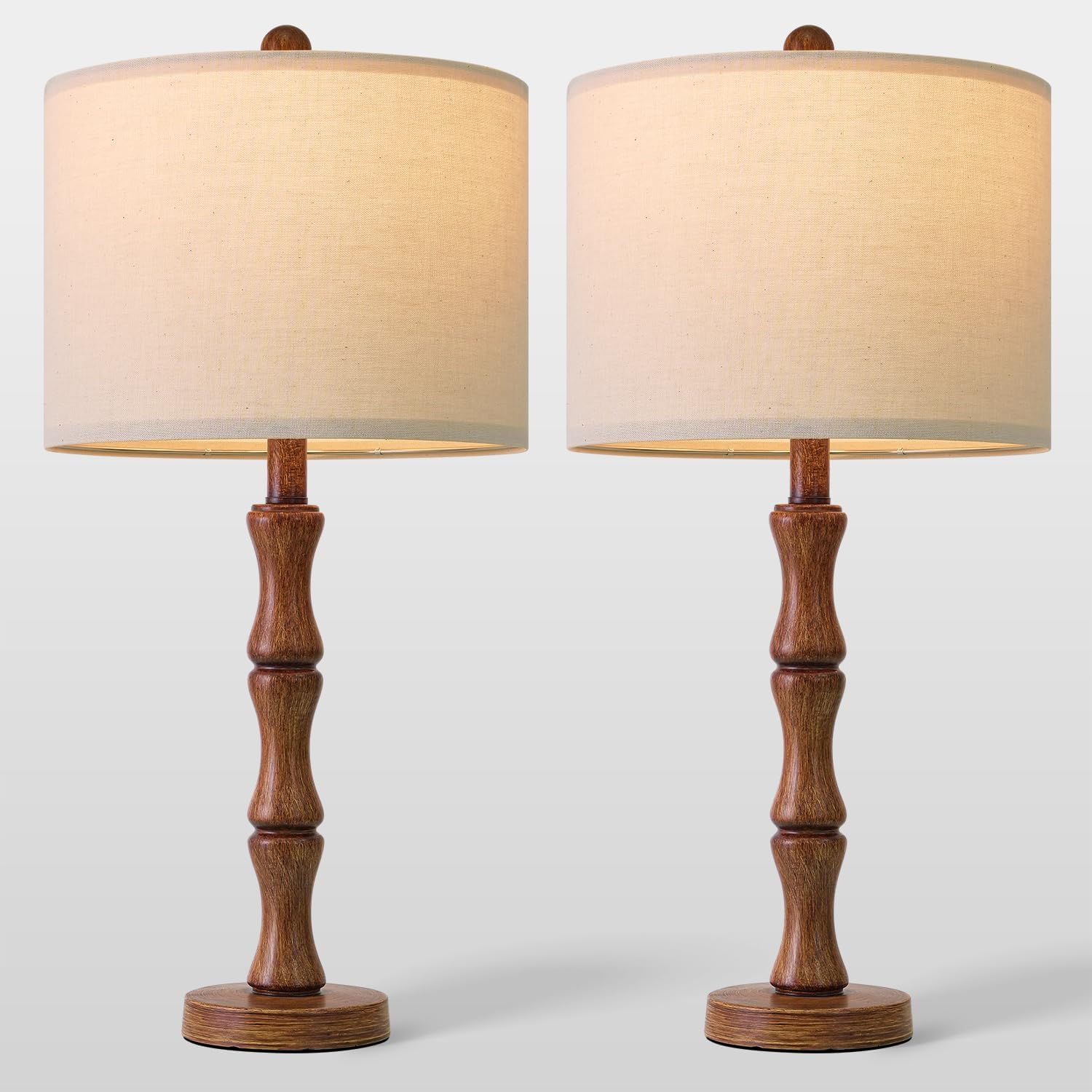 BOBOMOMO 25" Rustic Table Lamps Set of 2, Farmhouse Nightstand Lamps with Wood Grain Resin Base & Linen Shade, Standard Table Lamps for…