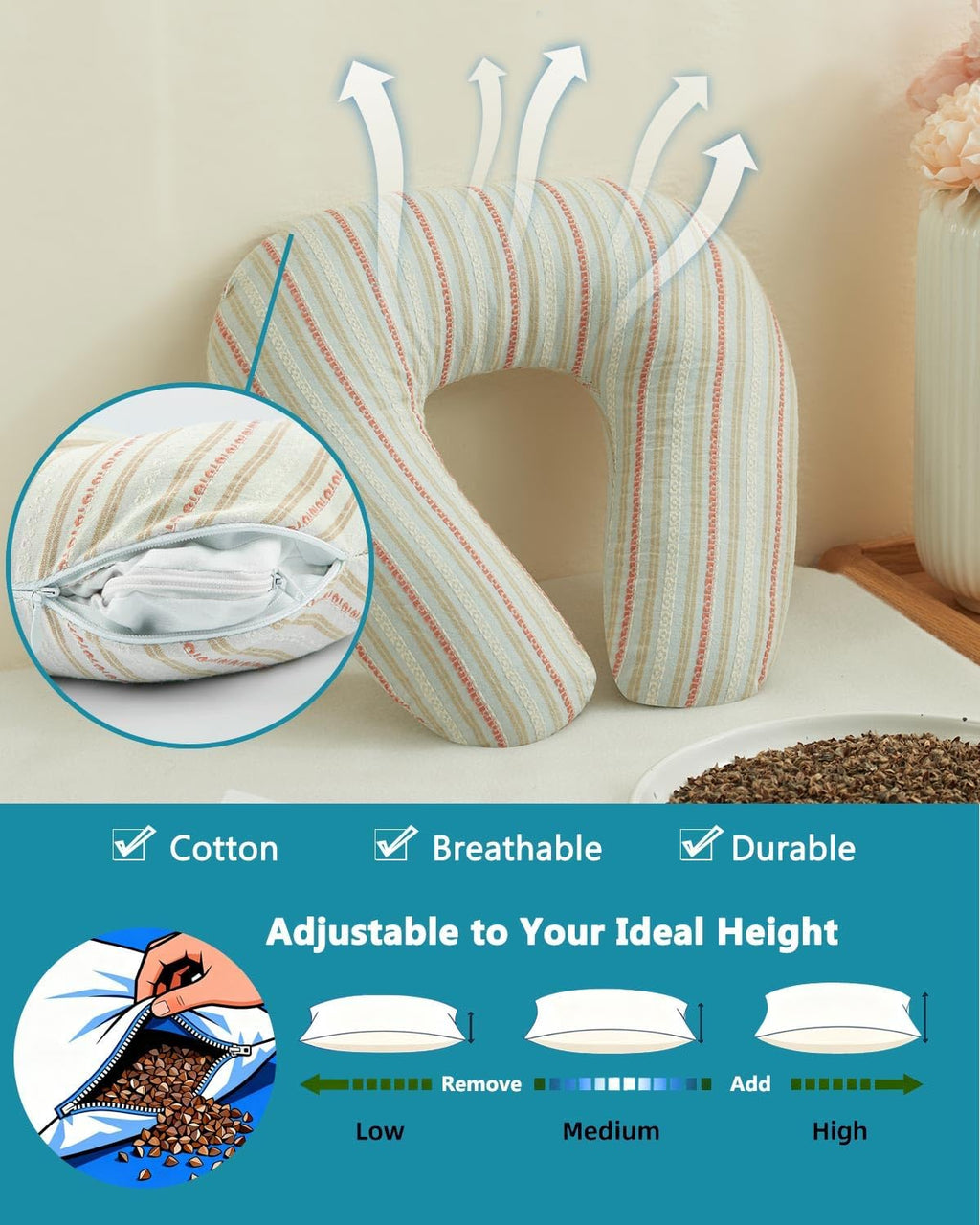 Edomi Buckwheat U Shaped Neck Pillow - 12''x12'' Adjustable Cervical Support Pillow with Breathable Buckwheat Hulls, Removable Cotton Cover…