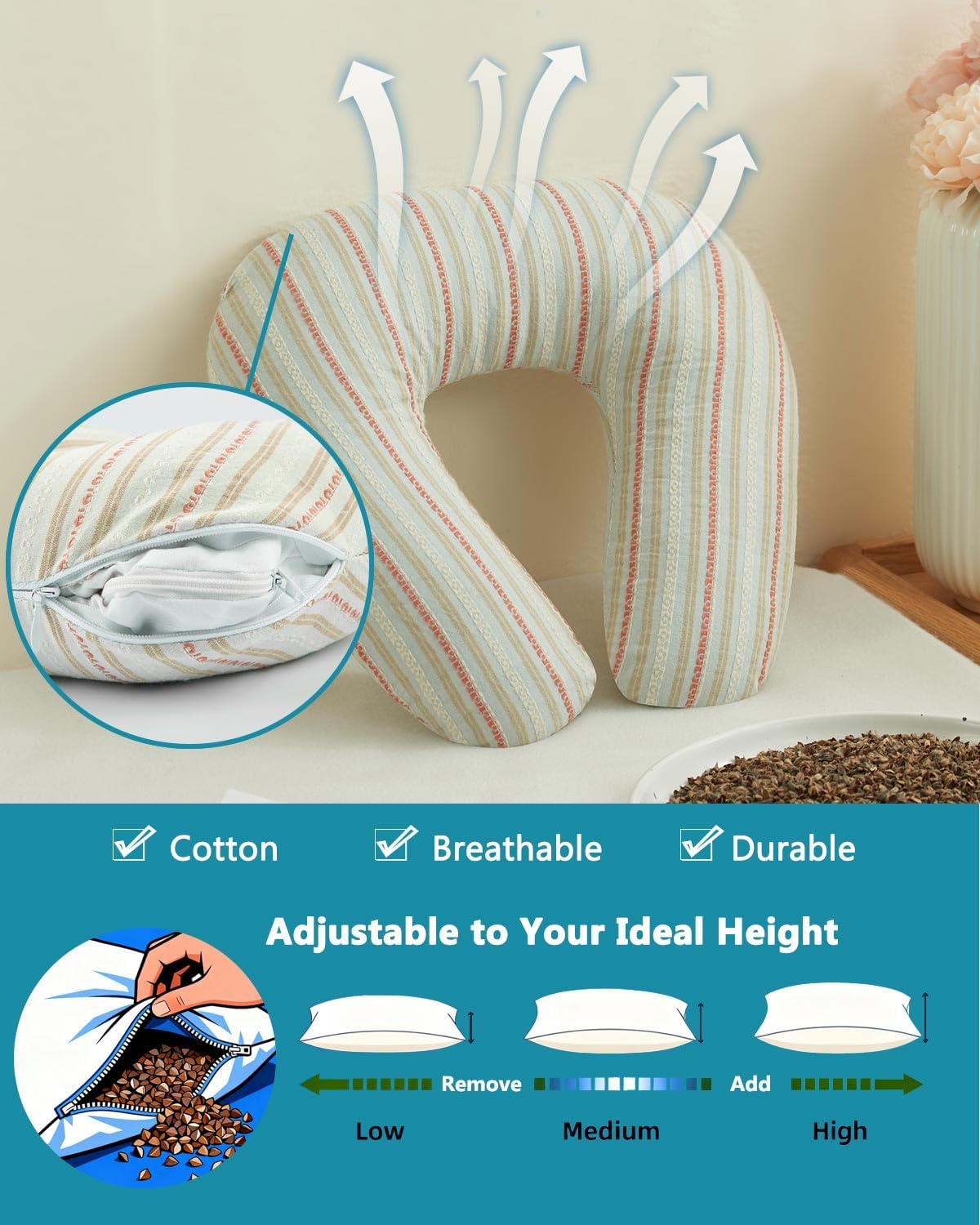 Edomi Buckwheat U Shaped Neck Pillow - 12''x12'' Adjustable Cervical Support Pillow with Breathable Buckwheat Hulls, Removable Cotton Cover…