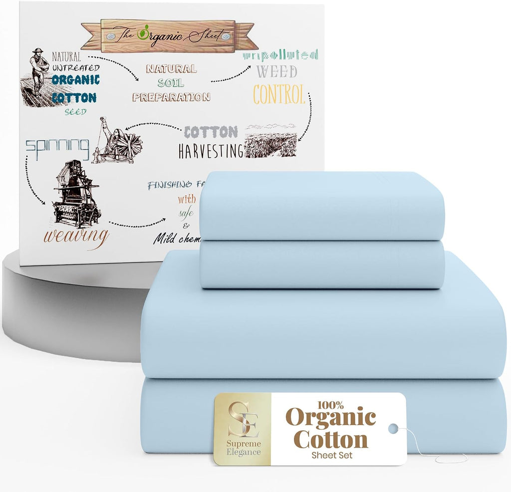 SupremeElegence SUPREME ELEGANCE 4Pc 100% Organic Cotton Queen Sheets Set, Sky Blue, Cooling Percale, Deep Pocket Fitted Sheet, Fits Mattre…