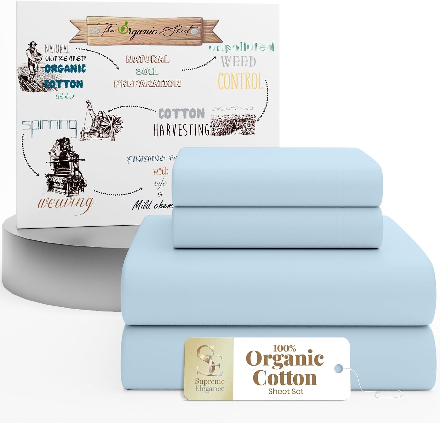 SupremeElegence SUPREME ELEGANCE 4Pc 100% Organic Cotton Queen Sheets Set, Sky Blue, Cooling Percale, Deep Pocket Fitted Sheet, Fits Mattre…