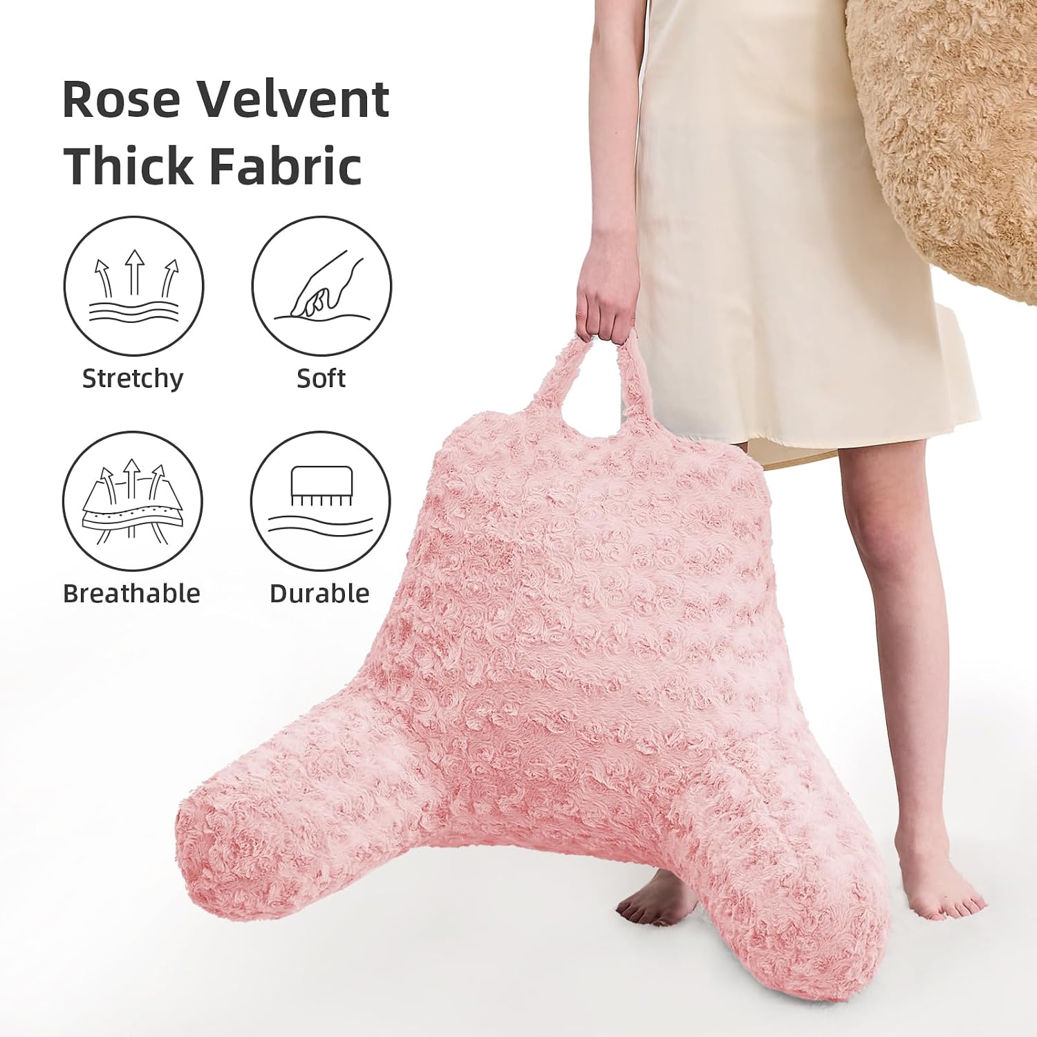 Reading Pillow, Rose Velvet Back Pillow with Arms for Bed Sitting Up, Bed Pillow for Adult Children, Backrest Pillows with Washable…