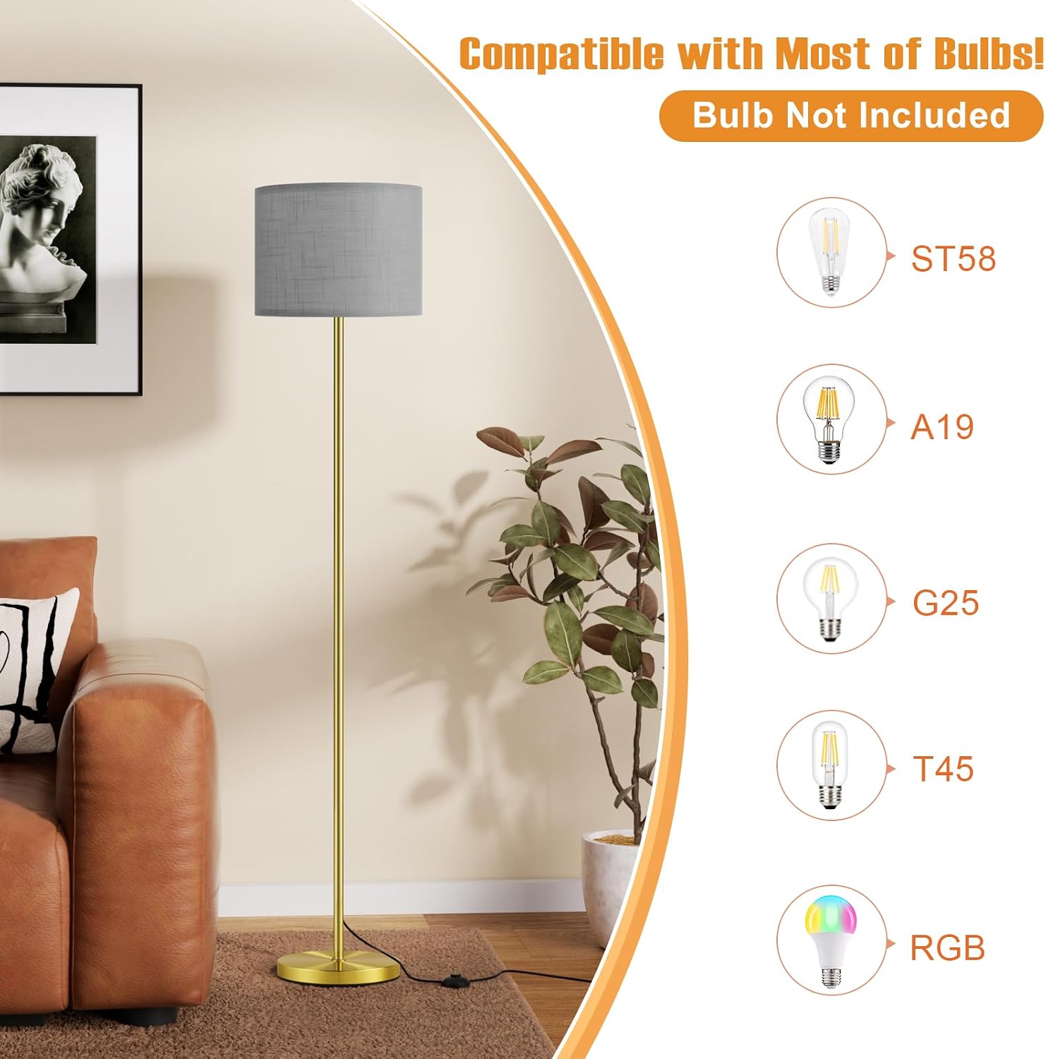 Ambimall 60'' Modern Floor Lamp with Shade, Tall Lamps for Living Room, Bedroom, Office, Dining Room, Linen Grey Shade with Brushed Gold Po…