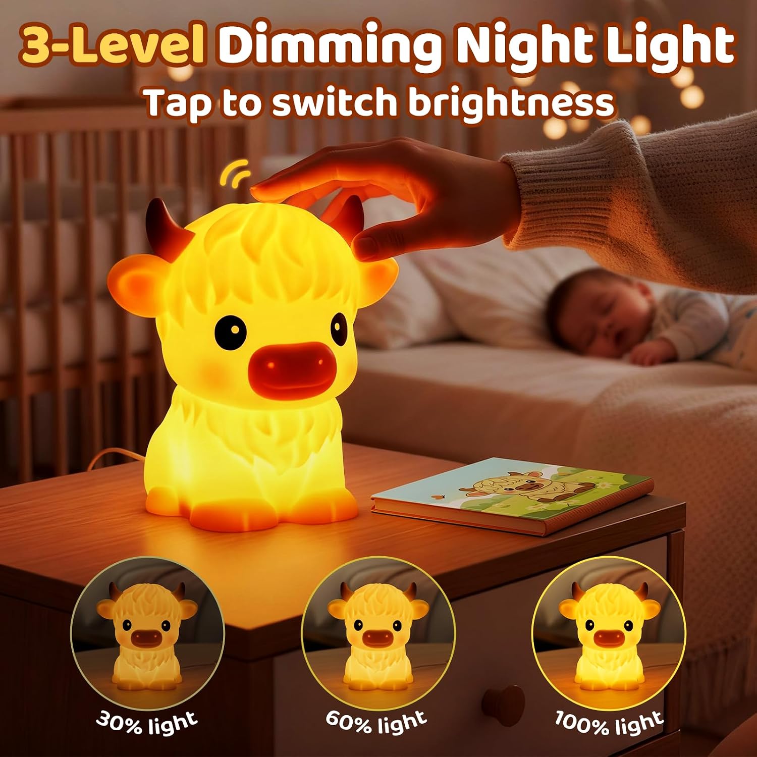 BPA-Free Silicone丨Huggwaii Highland Cow Night Light for Kids, Dimmable Squishy Night Light Touch Cow Lamp, Highland Cow Gifts for…